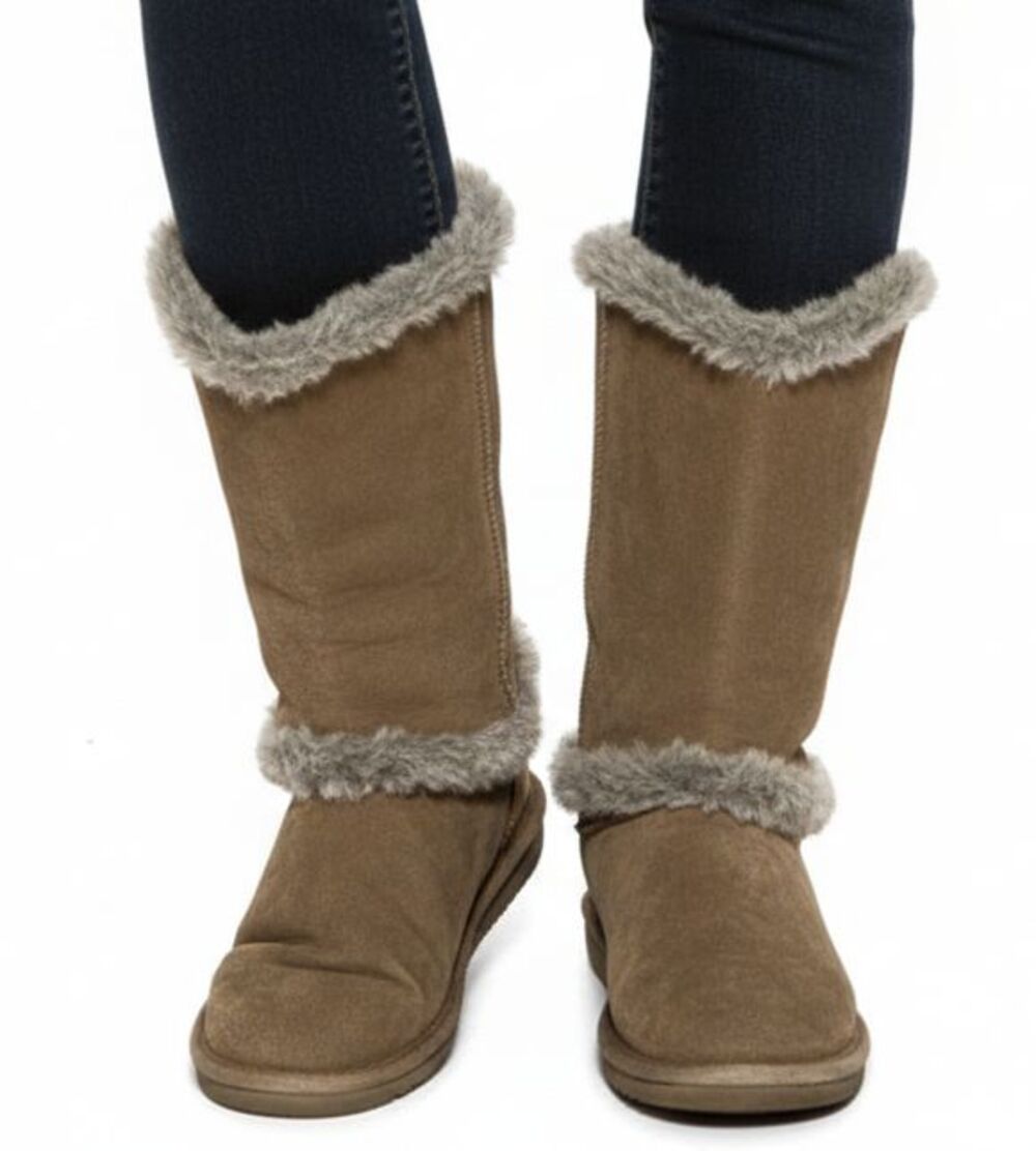 BEARPAW Boots Sheilah Suede Plush Faux Fur Trimmed Tall Winter Size 8